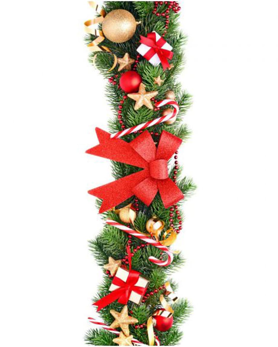 Holiday Garland 10 feet Douglas Fir Garland is decorated with Candy Canes, Red Beads, Gold Stars, Gold Christmas Balls, Gift Box Decorations Red Bow Ribbons.
DELIVERY: Every order is hand-delivered direct to the recipient. These items will be delivered by us locally, or a qualified retail local florist.