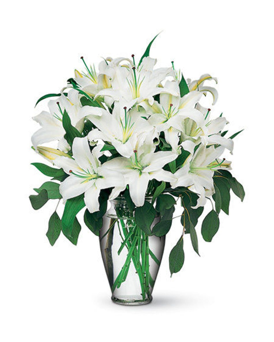 Lilies Of The Field Standard Stems of lovely white Oriental lilies are accented with seeded eucalyptus. What an enchanting way to velebrate someone's very special day
DELIVERY: Every order is hand-delivered direct to the recipient. These items will be delivered by us locally, or a qualified retail local florist.