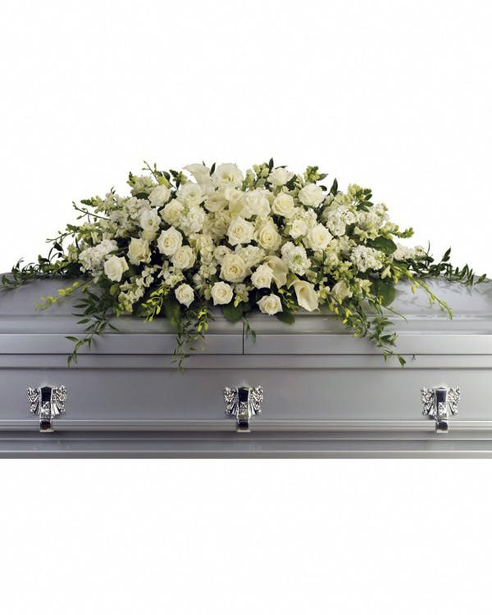 Purity and Peace Casket Spray Standard White roses, orchids, large calla lilies and perfect stems of hydrangea. Approximately 47