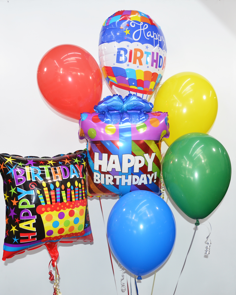 Birthday Balloon Bouquet Standard Happy Birthday Mylar Balloons and  different colors of Latex Balloons are arranged in a balloon bouquet and attached to a Festive weight bag. 
DELIVERY: Every order is hand-delivered direct to the recipient. These items will be delivered by us locally, or a qualified, retail, local florist.