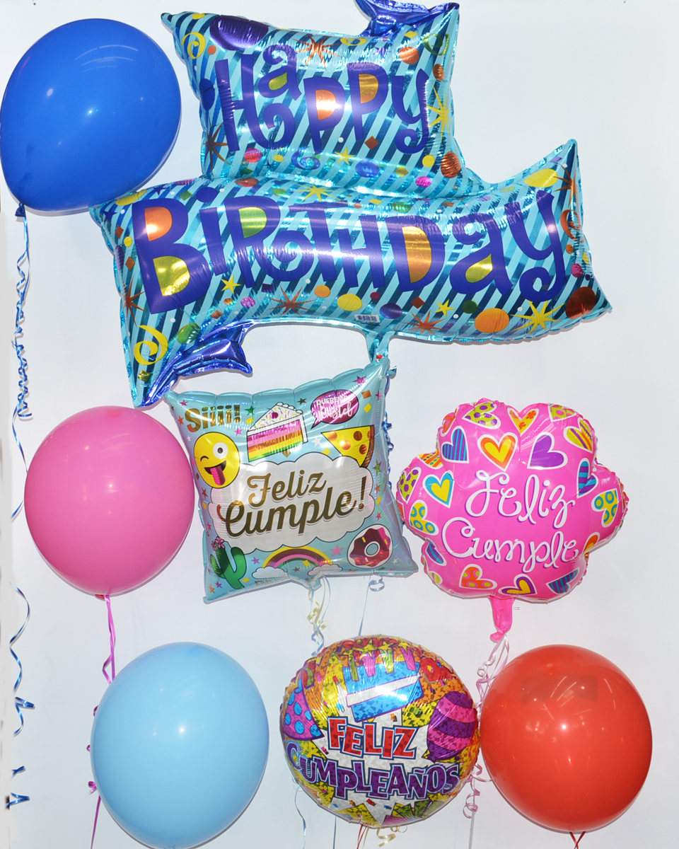 Feliz Cumpleanos Balloon Bouquet Deluxe Assorted  spanish mylar and latex balloons are crafted into a 