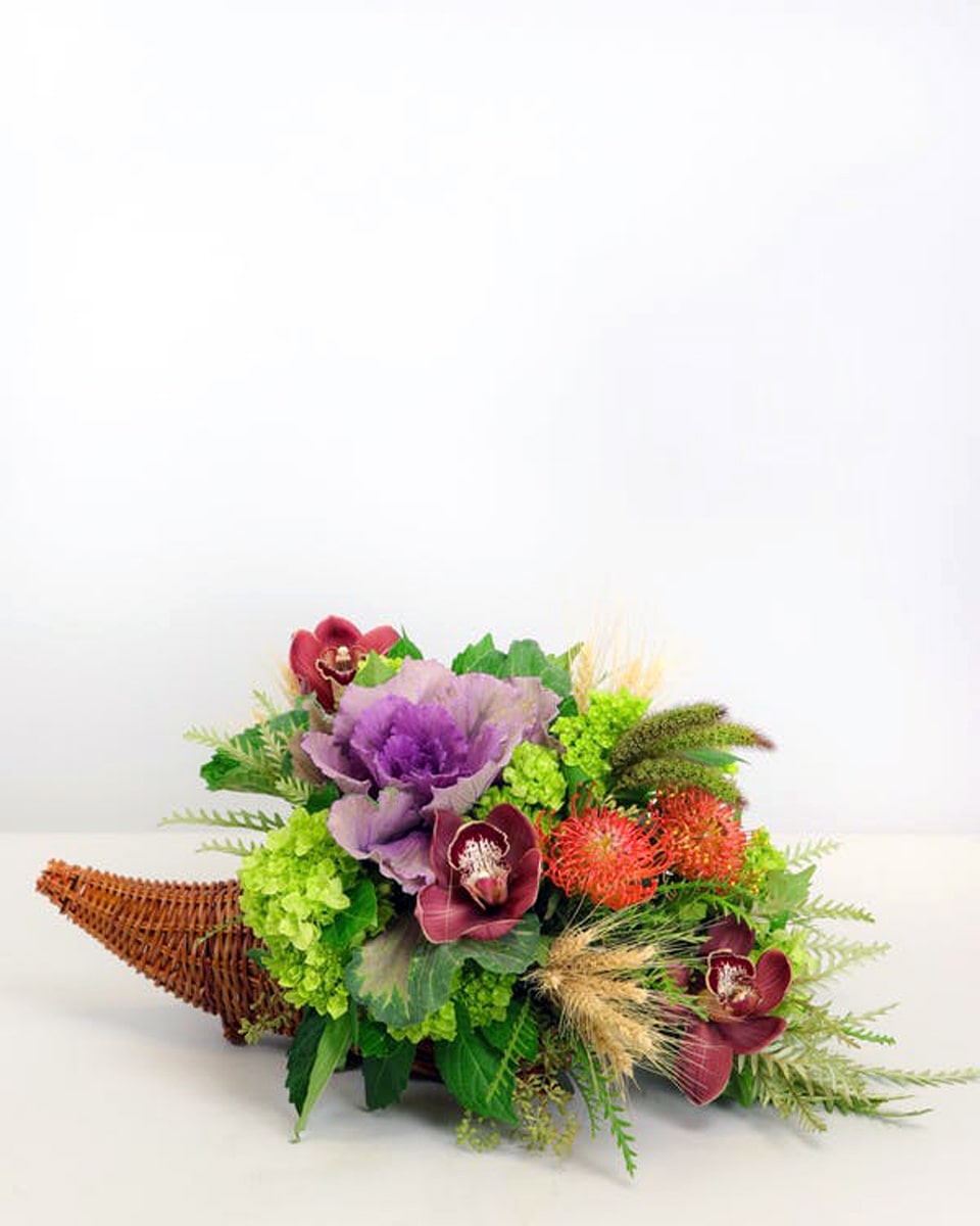 Give Thanks Cornucopia Standard This stunning classic cornucopia arrangement is a lush, seasonal collection of orange, purple, burgundy and green blooms - including hydrangea, kale, orchids, and protea - custom arranged in a cornucopia basket.  Approx. 9
