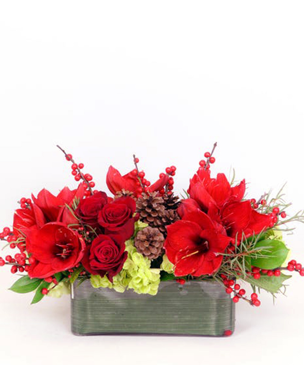 Good Tidings Centerpiece Standard A gorgeous holiday centerpiece featuring red amaryllis, roses, hydrangea, holiday berries and more.
DELIVERY: Every order is hand-delivered direct to the recipient. This item is only deliverable to local areas serviced by Allen’s Flower Market Stores. 

