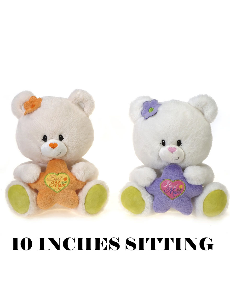 Best Mom Plush Lavender Star on right 10 inch sitting bear holding a star that is enscribed with