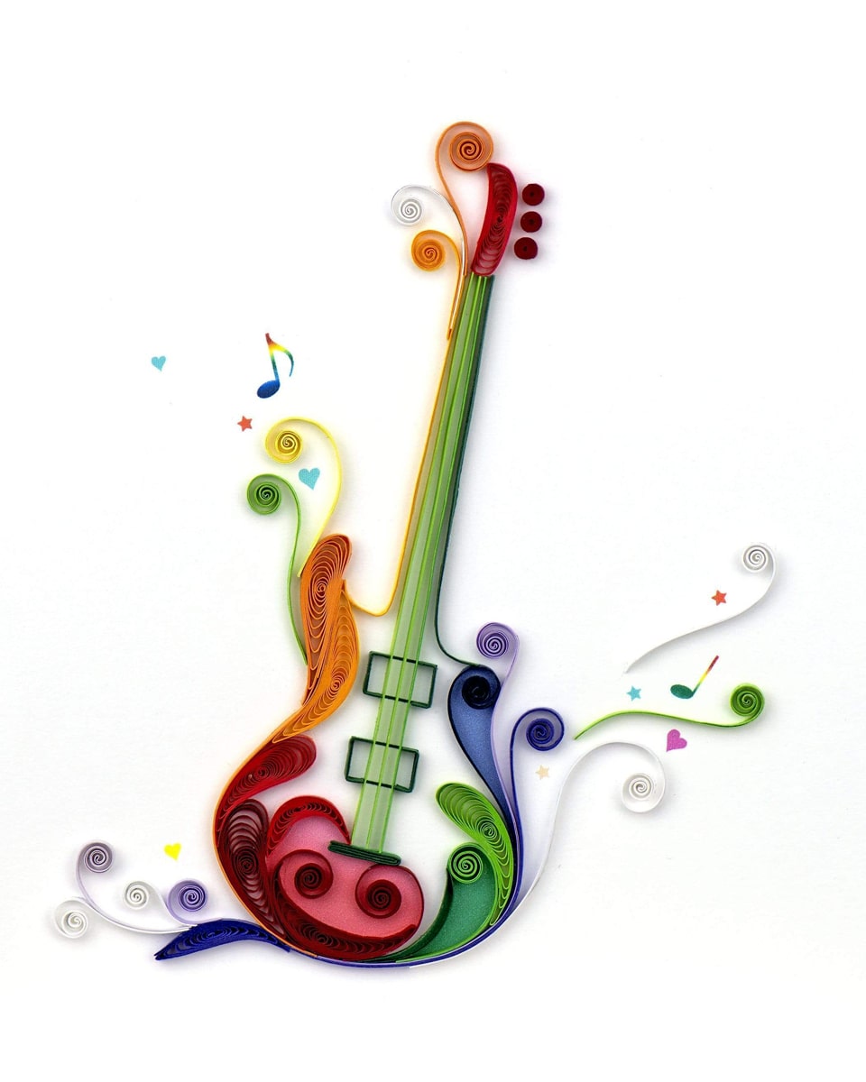 Electric Guitar Blank Greeting Card Electric Guitar Blank Card Rock out with a friend when you give them this Quilled Electric Guitar Greeting Card! Rock and roll seems to bring out the best times and this card is no exception. The quilled design uses hues of blue, purple, green, orange, and red to show an upright guitar with abstract swirls and printed notes bursting out of the strings.   Each quilled card is beautifully handmade by a highly skilled artisan and takes one hour to create. A quilled card is meant for you to share, treasure as a keepsake, or display as the work of art it is.  Certified Fair Trade Federation Member  Don’t just send a card, send art!