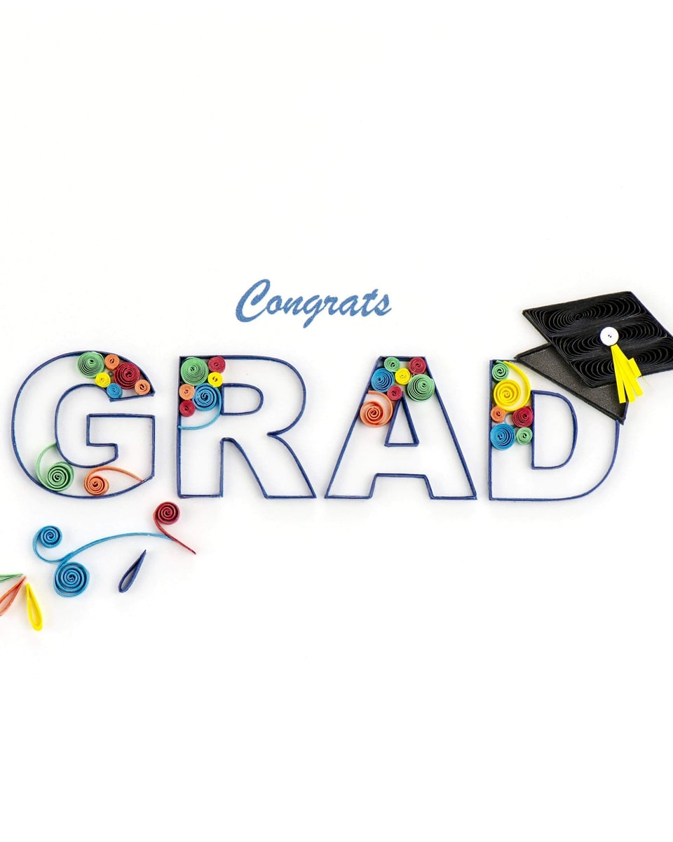 Graduation Card Graduation Greeting Card Give your friend or family member the Quilled Congrats Grad Swirl Card, an ideal gift for the recent graduate. This quilled design features the word GRAD with a black graduation cap resting on the letter D, blue, red, yellow, and green swirls, and the word Congrats written in blue lettering. 
 Each quilled card is beautifully handmade by a highly skilled artisan and takes one hour to create. A quilled card is meant for you to share, treasure as a keepsake, or display as the work of art it is.  Certified Fair Trade Federation Member  Don’t just send a card, send art!