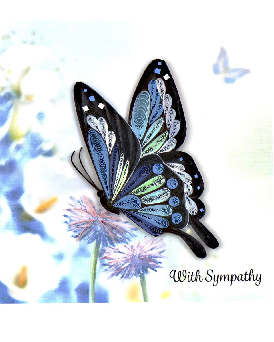 Butterfly Sympathy Card Butterfly Sympathy Card Show someone you’re there for them during their difficult time with this handcrafted butterfly. This beautiful design is quilled using a variety of blues, whites, and blacks to make up the butterfly’s wings, which is seen sitting upon a watercolor background made up of different flowers. The words “With Sympathy” run across the bottom right.  Don’t just send a card, send art!