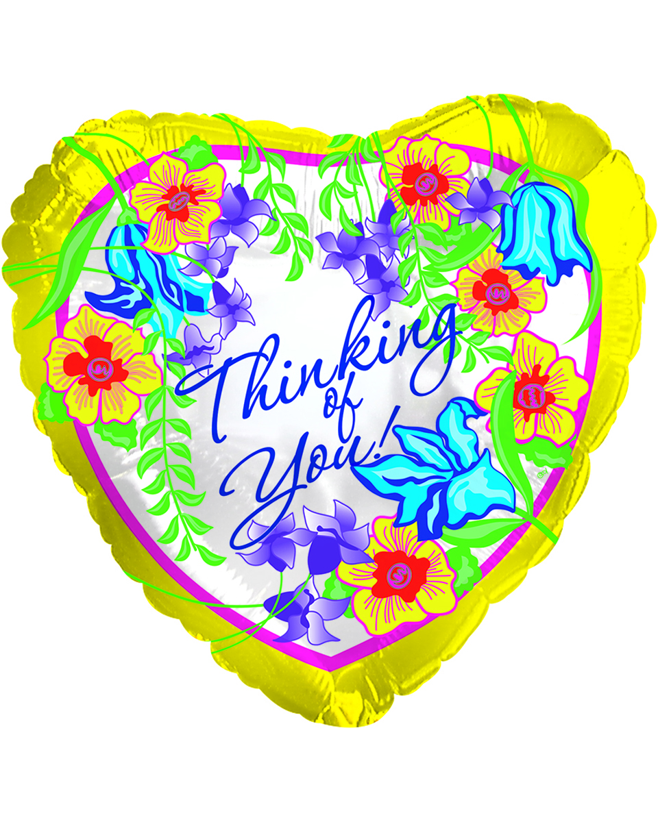 Thinking of You Mylar Thinking of You Mylar A heart shaped,  gold and flora decor background  