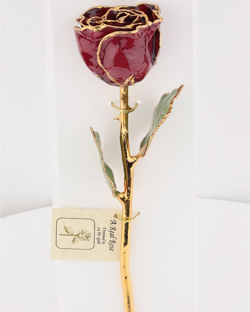 Gold Dipped Burgundy Rose Gold Dipped Burgundy Rose A beautiful burgundy rose is dipped and permanently sealed in 24 Karrat Gold.  This process gives it eternal beauty. The rose measures approximately 12 inches in length and is is packaged in a beautiful gold gift box.
 
 
Local florist only
DELIVERY: Every order is hand-delivered direct to the recipient. This item is only deliverable to local areas serviced by Allen’s Flower Market Stores. 
