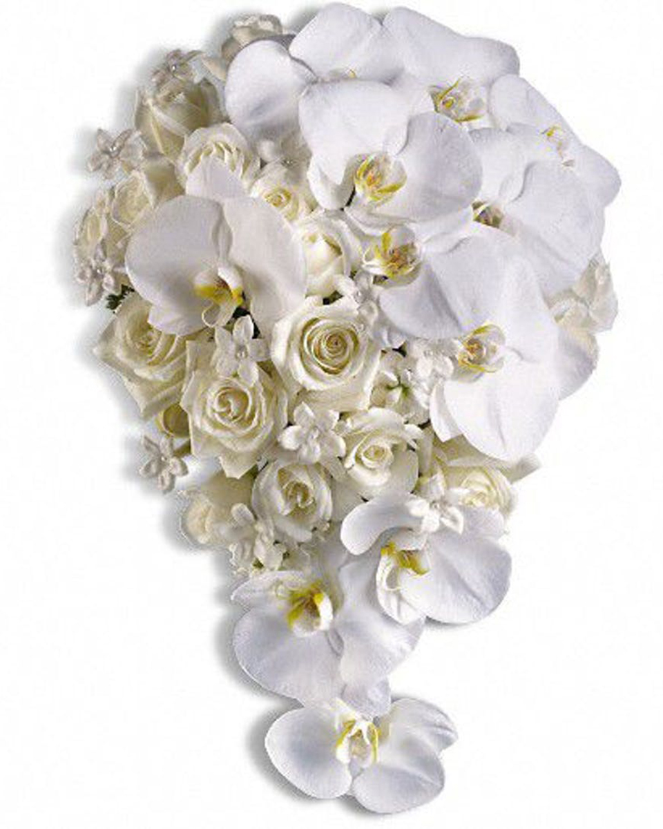 Orchids and Roses Standard White Phalaenopsis Orchids, White Roses, and Stephanotis are made into this Elongated, Draping Bridal Bouquet.
DELIVERY: Every order is hand-delivered direct to the recipient. These items will be delivered by us locally, or a qualified retail local florist.