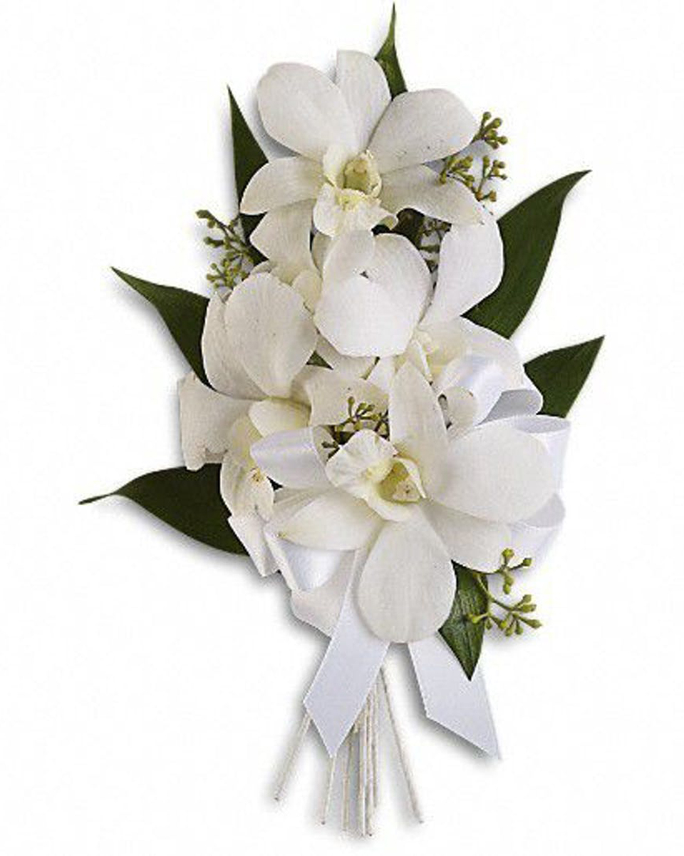 Dazzling Dendros Standard White Dendrobium orchids, Seeded Eucalyptus, and Ruscus are elegantly crafted into a Corsage or Wristlet with a white Ribbon.
DELIVERY: Every order is hand-delivered direct to the recipient. These items will be delivered by us locally, or a qualified retail local florist.