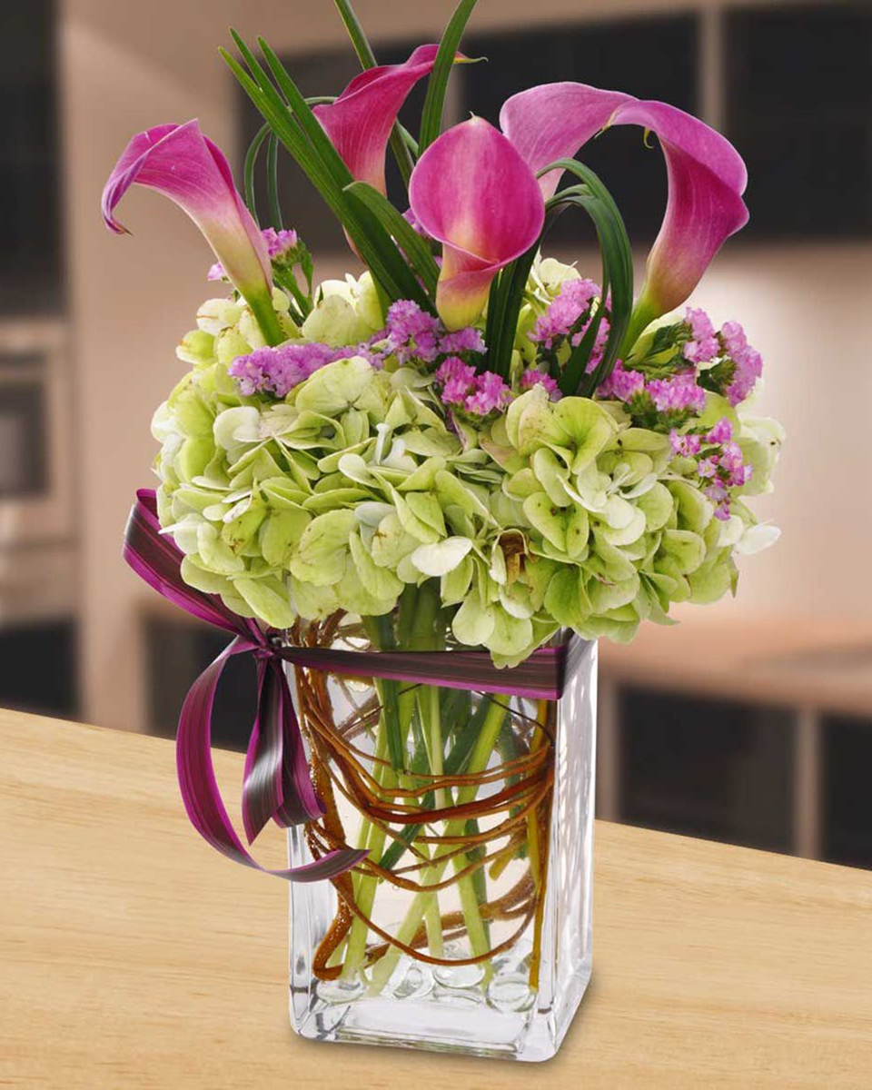 Hydrangea Flair Standard Green Hydrangea, Mauve Calla Lilies, Lilly Grass, and submerged Curley Willow are uniquely designed in a clear glass, square vase
DELIVERY: Every order is hand-delivered direct to the recipient. These items will be delivered by us locally, or a qualified retail local florist.