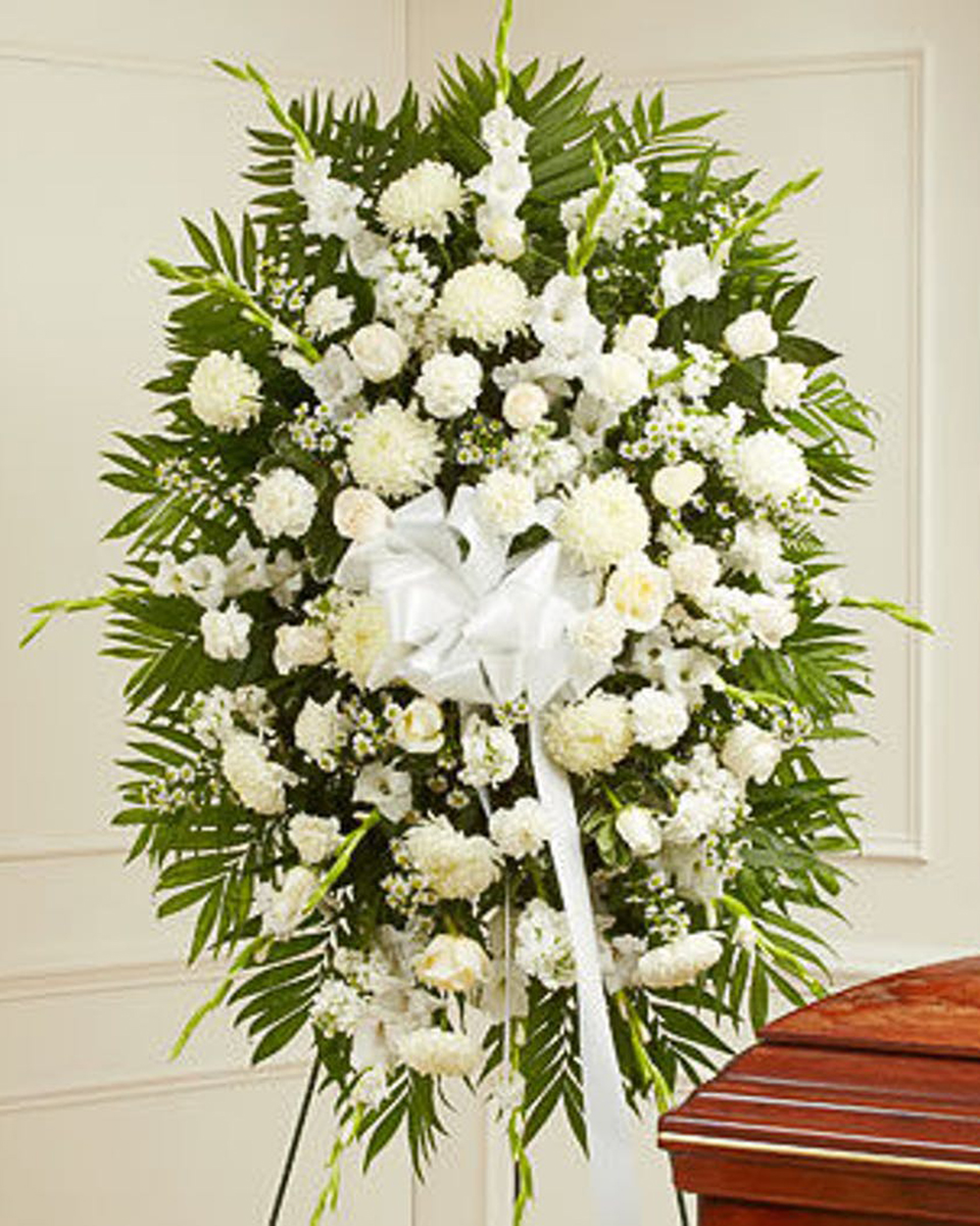 White Sands Standing Spray Standard Traditional Standing Spray in an All White Color Scheme.
DELIVERY: Every order is hand-delivered direct to the recipient. These items will be delivered by us locally, or a qualified retail local florist.