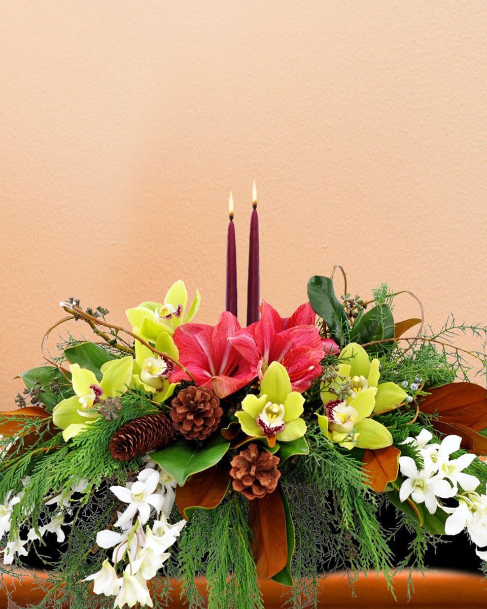 Charlemagne Christmas Centerpiece Standard Make the season unforgettable with this spectacular centerpiece of  orchids, amaryllis, assorted Christmas Greens.   
DELIVERY: Every order is hand-delivered direct to the recipient. These items will be delivered by us locally, or a qualified retail local florist.