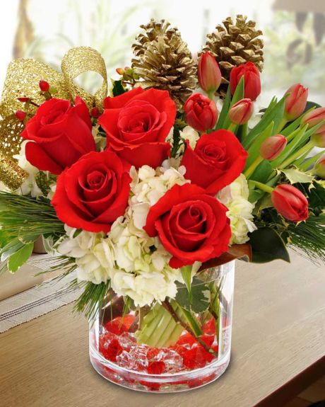 Southern California Christmas-White Hydrangea, Red Tulips, Red Roses, Pine cones, Pine, Variegated Pittosporum, and a Gold Bow are Designed in a Half Cylinder Glass Vase that is lined with Red Acrylic Rocks.-Christmas Arrangements