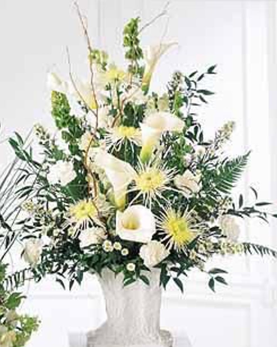 Solemn Offering Solemn Offering-Standard Remember a loved one with the purity and innocence of the white blossoms that adorn this urn arrangement. The gentle blend of white Calla Lilies, Spider Crysanthemums, Snapdragons, Carnations, Monte Casino, Bells of Ireland, Sword Fern, Italian Ruscus, and Curly Willow of this sympathy basket make this arrangement a serene tribute.
DELIVERY: Every order is hand-delivered direct to the recipient. These items will be delivered by us locally, or a qualified retail local florist.
